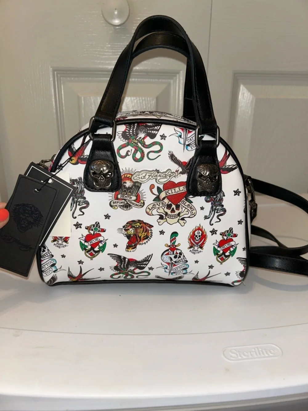 NWT White Tattoo-Print Dome Satchel with Black Trim - Picture 3 of 9